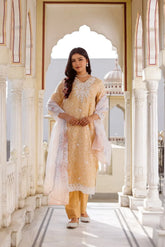 Women Peach Linen Printed Kurta, Pant & Dupatta set